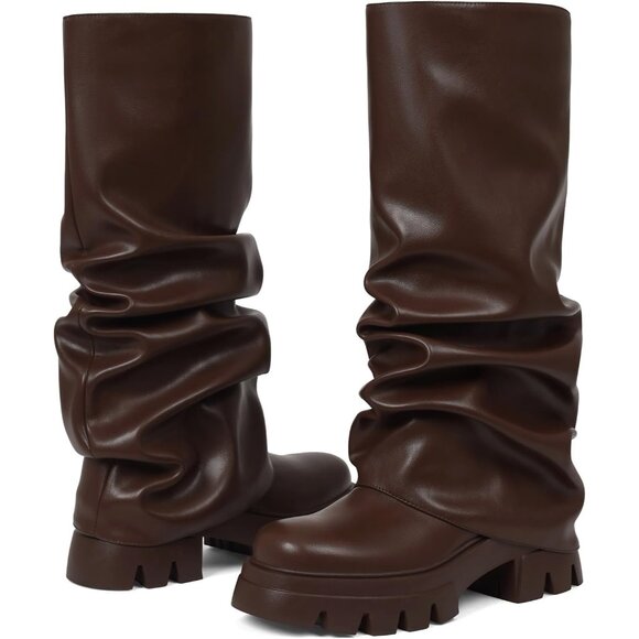 Women's Brown Fold Over Boots Slouchy Boots Wide Calf Pleated Platform Boots - Picture 5 of 7